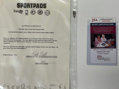 Don Shula Signed 16X20 Framed Uncut Executive Suite Ticket Press Sheet (Jsa)