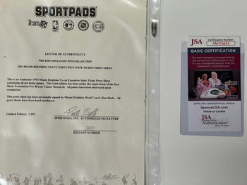 Don Shula Signed 16X20 Framed Uncut Executive Suite Ticket Press Sheet (Jsa)
