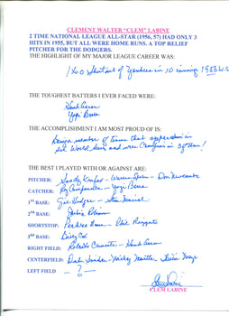 Clem Labine Autographed Hand Filled Out Survey Page