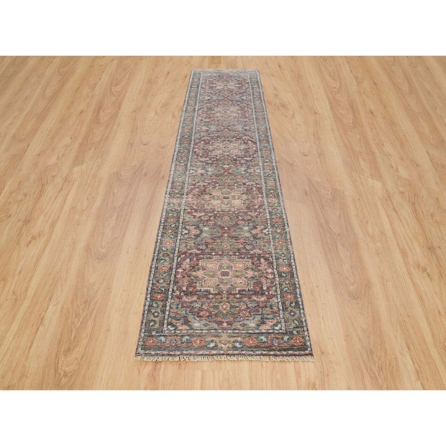 2'6"X11'9" Rosewood Red Heris Revival Soft Wool Hand Knotted Runner Rug