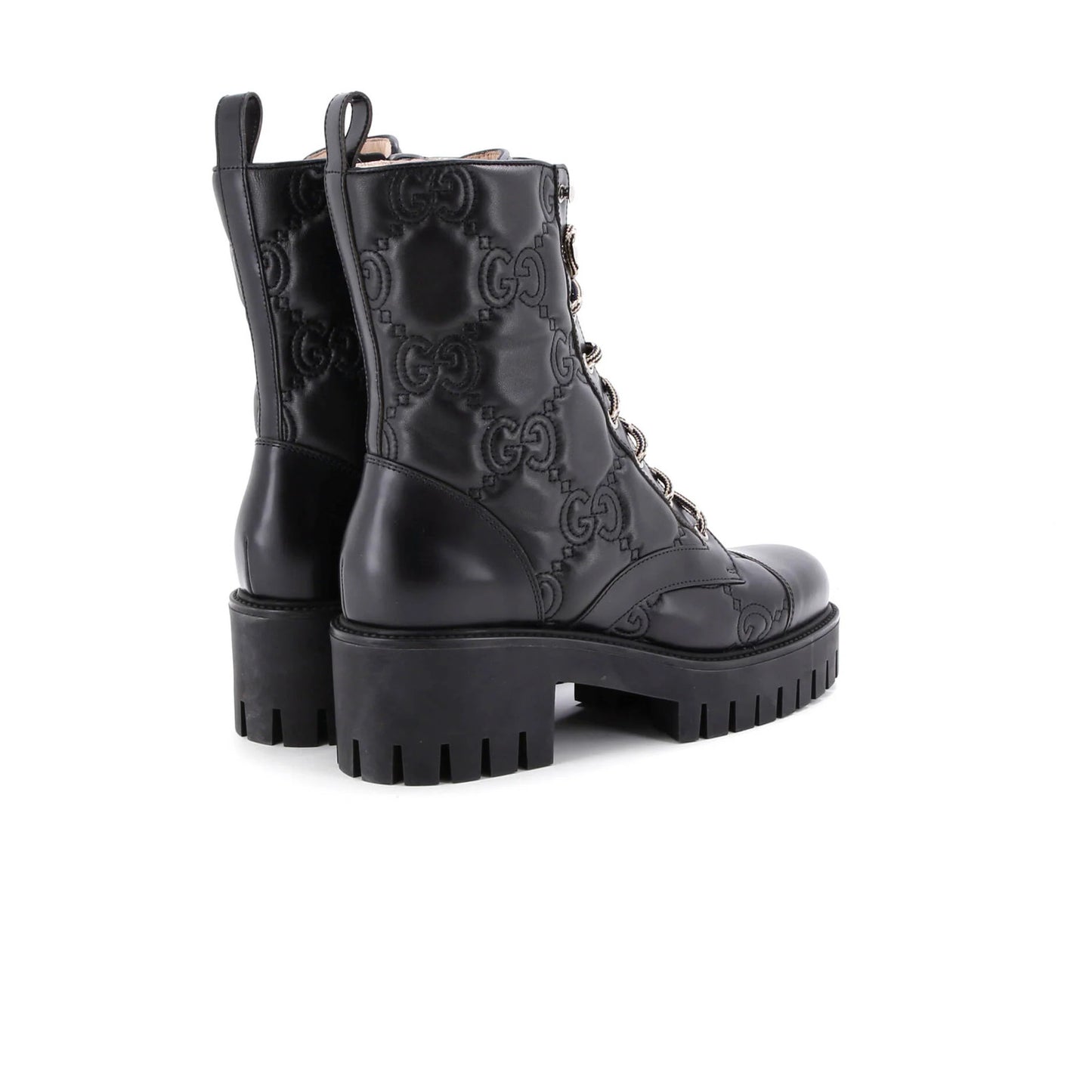 Gucci Women'S Platform Lug Sole Combat Boots Gg Embossed Leather