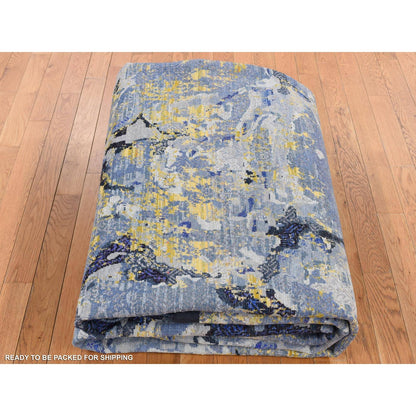 8'10"X12'5" Yellow Modern Design Sari Silk With Wool Hand Knotted Rug