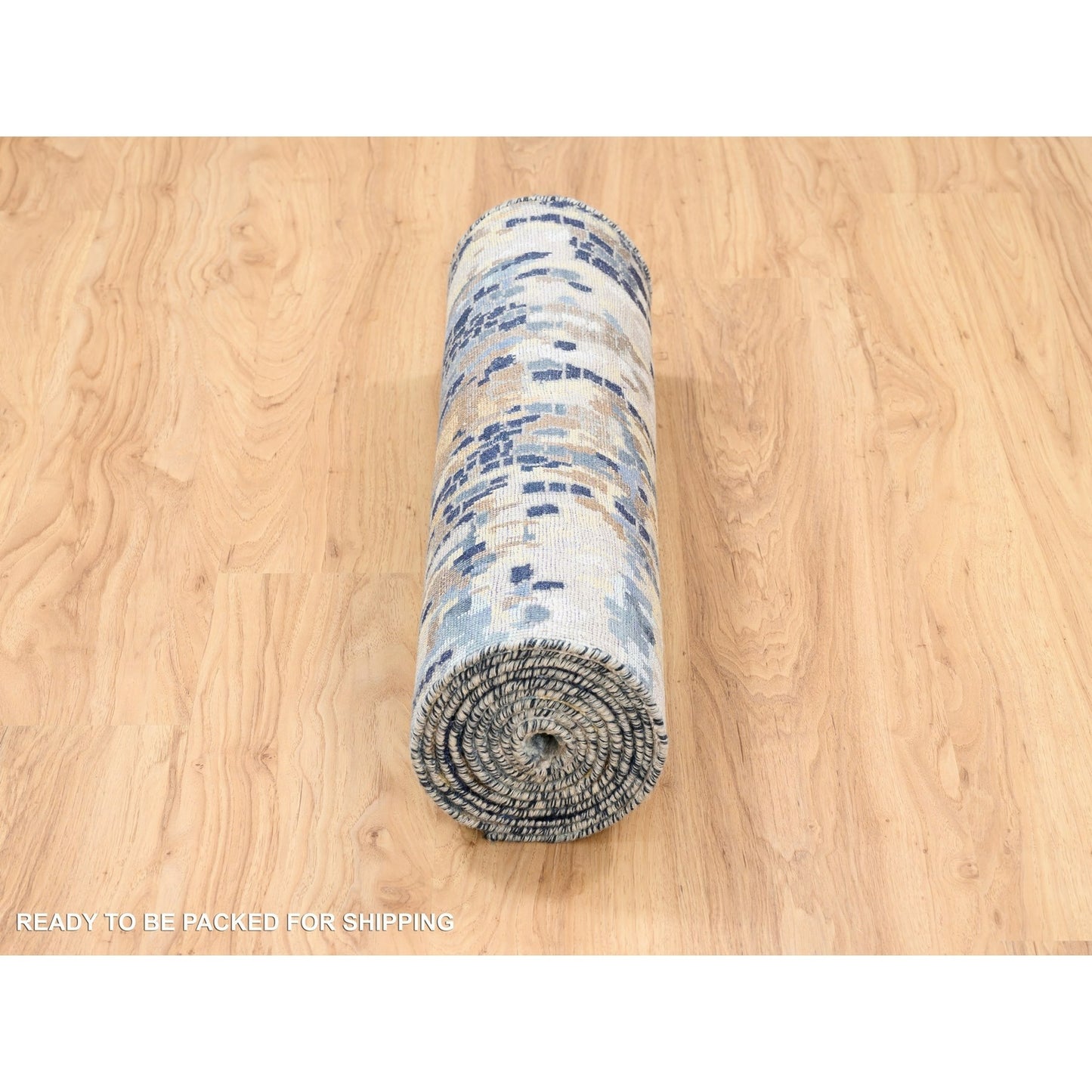 2'6"X10' Denim Blue Mosaic Design Hand Knotted Wool And Silk Rug