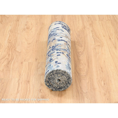 2'6"X10' Denim Blue Mosaic Design Hand Knotted Wool And Silk Rug