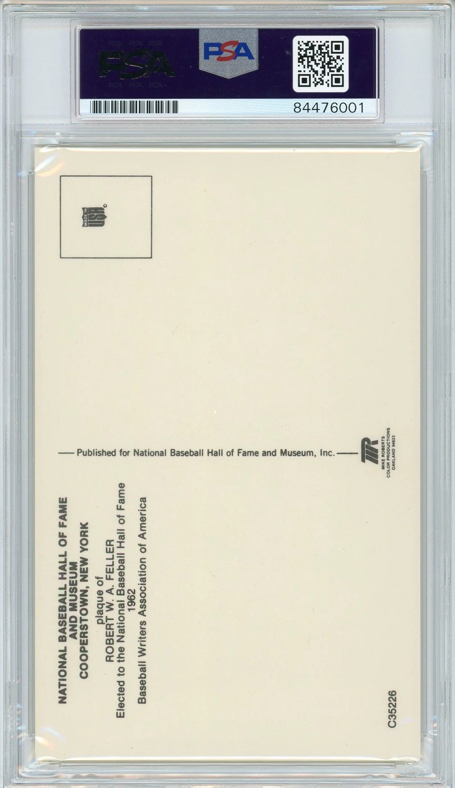 Bob Feller Autographed Hall Of Fame Plaque Card (Psa)