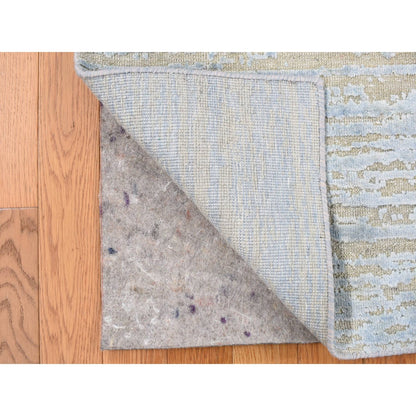 2'X3' Blue Wool And Silk Modern Line Design Hand Knotted Sample Mat Rug