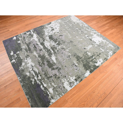 8'X9'10" Gray, Abstract Design, Hand Knotted, Wool And Silk, Oriental Rug