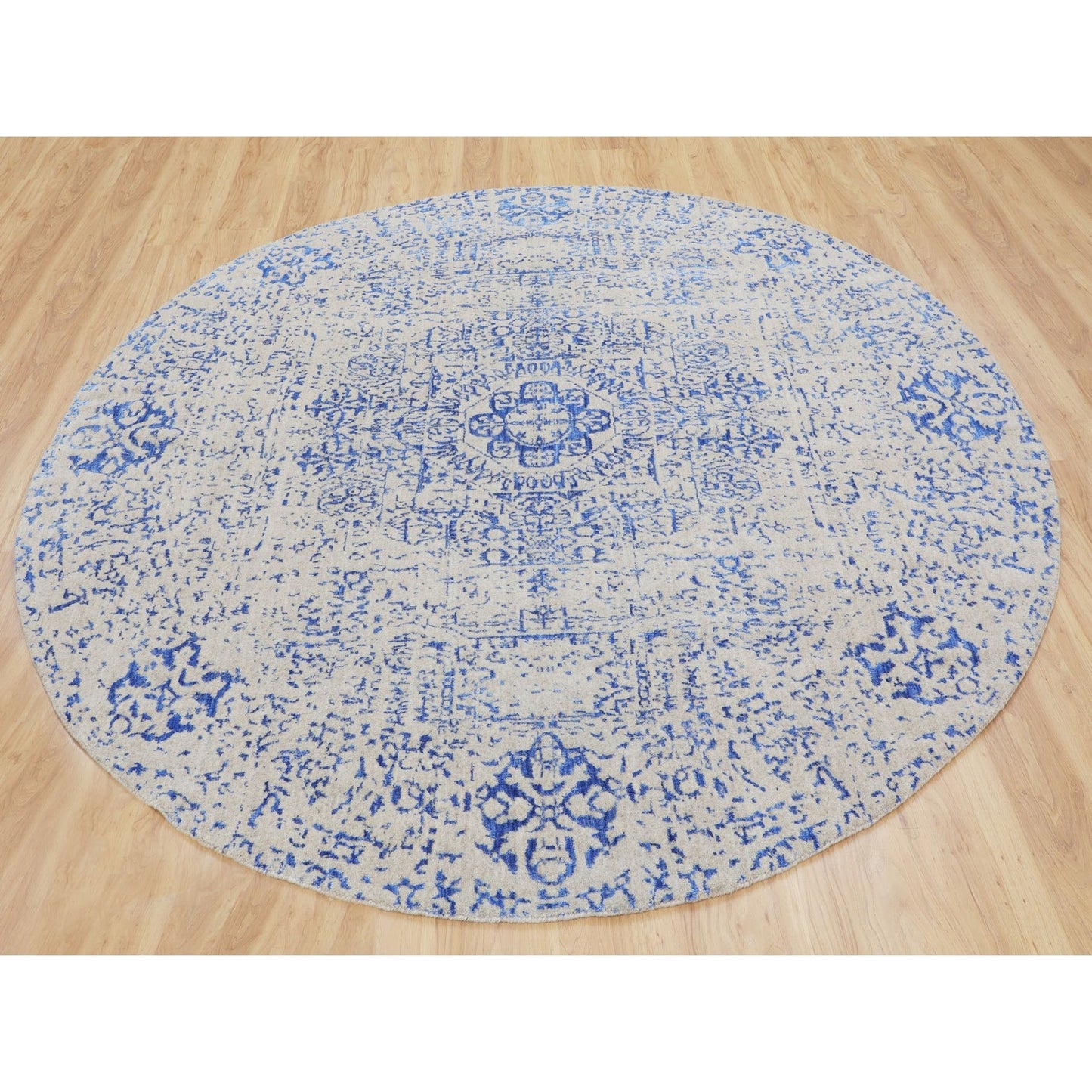 8'X8' Blue Wool And Silk Mamluk Design Jacquard Hand Loomed Round Rug