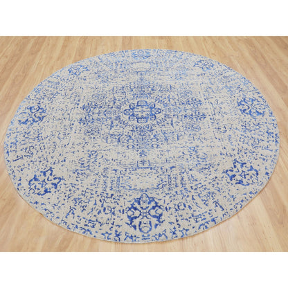 8'X8' Blue Wool And Silk Mamluk Design Jacquard Hand Loomed Round Rug