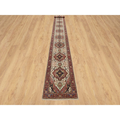 2'7"X25'5" Ivory Hand Knotted Antiqued Heris Re-Creation Wool Runner Rug
