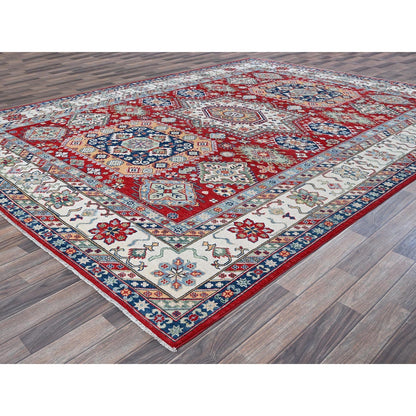9'1"X11'9" Berry Red Kazak With Geometric Design Hand Knotted Soft Wool Rug