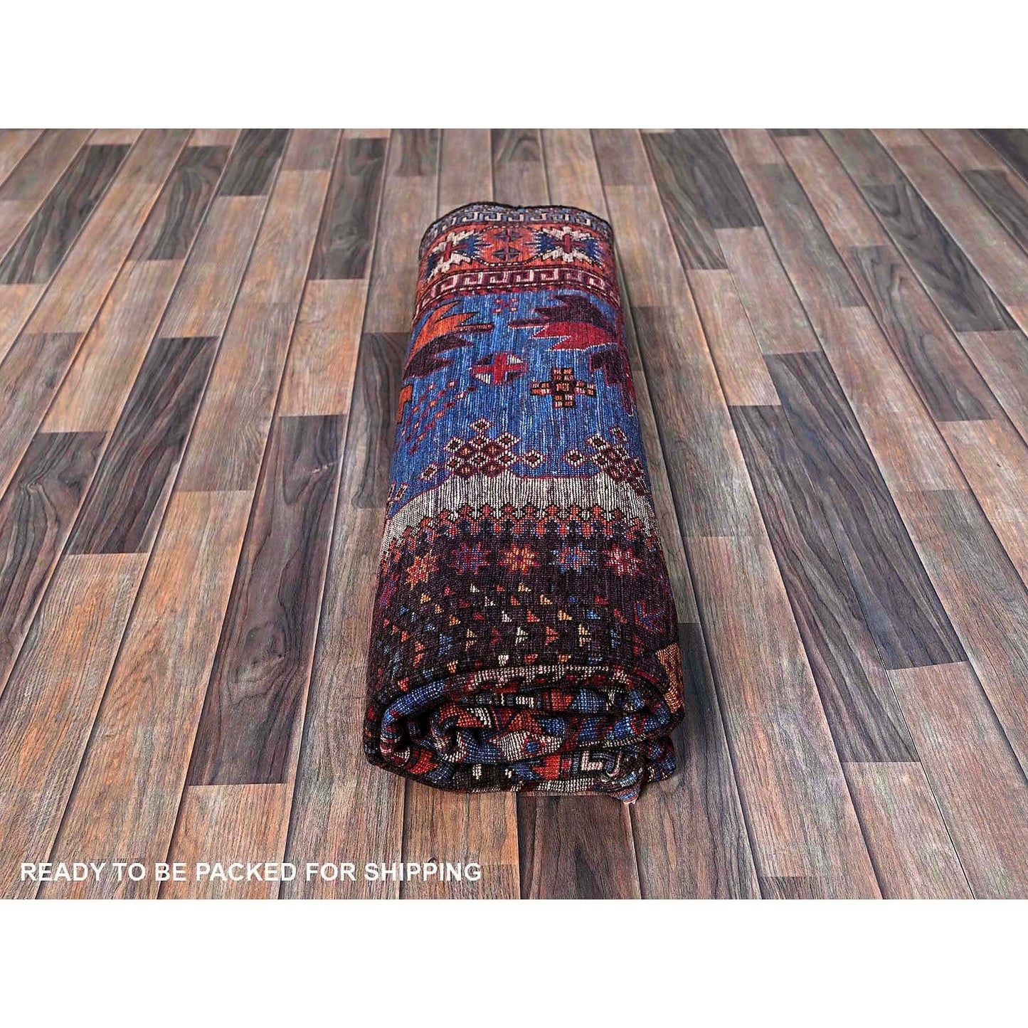 6'X7'8" Blue Afghan Ersari Caucasian Design Revival Hand Knotted Wool Rug