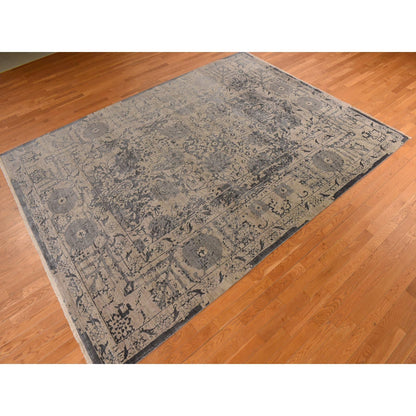 9'1"X12' Tan Color Erased Zoroastrian Design Wool & Silk Hand Knotted Rug