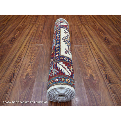 2'9"X8'6" Ivory Soft Wool Hand Knotted Afghan Super Kazak Runner Rug