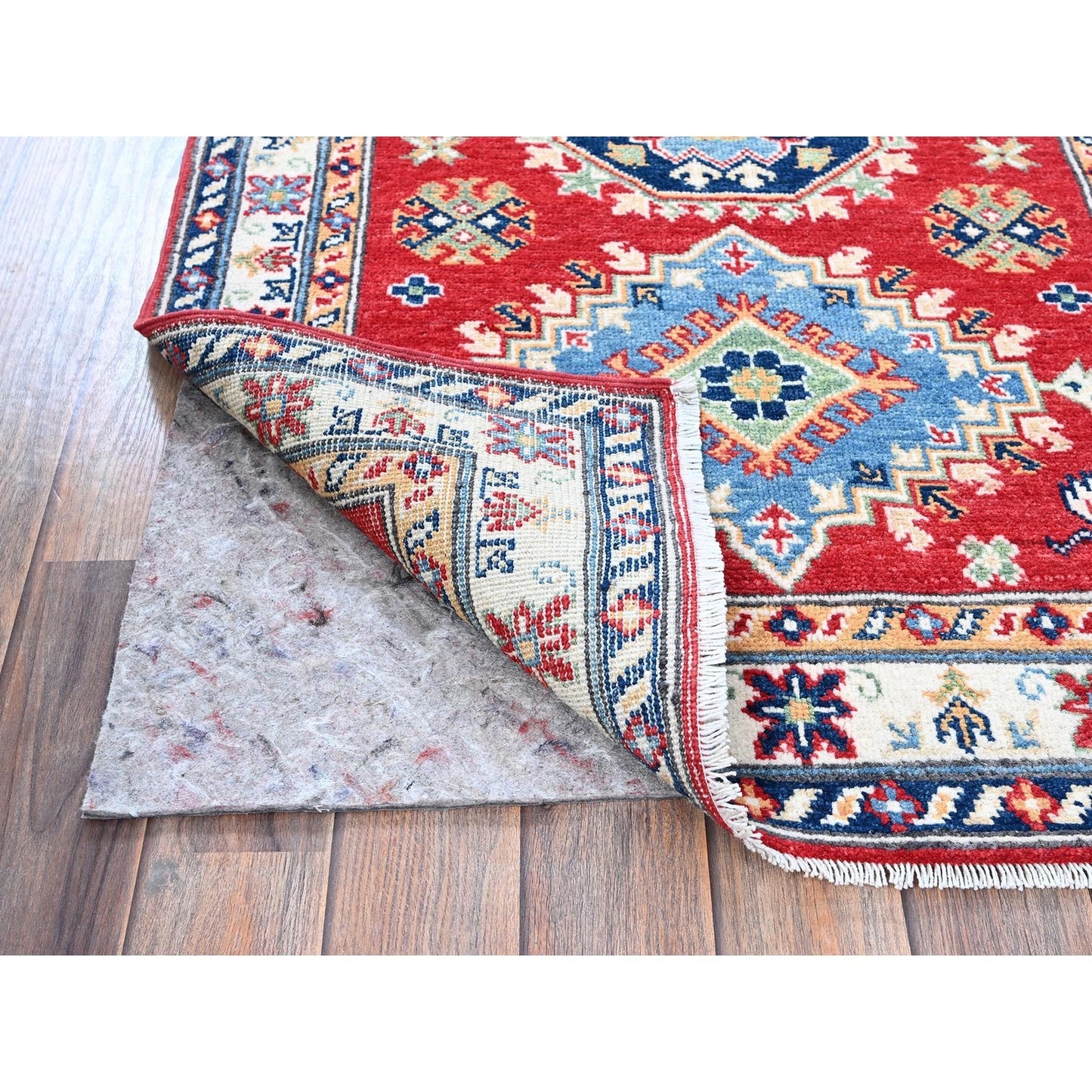 2'9"X6'7" Red Kazak With Medallions Design All Wool Hand Knotted Runner Rug