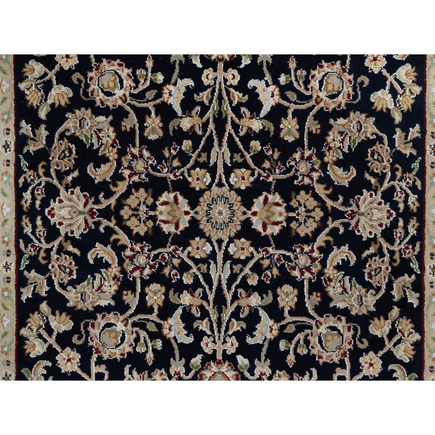 4'X6' Navy Blue Nain All Over Flower Design Wool & Silk Hand Knotted Rug