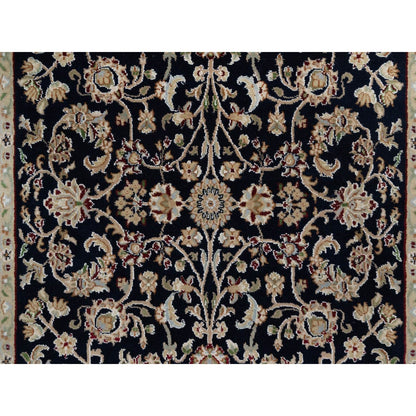 4'X6' Navy Blue Nain All Over Flower Design Wool & Silk Hand Knotted Rug