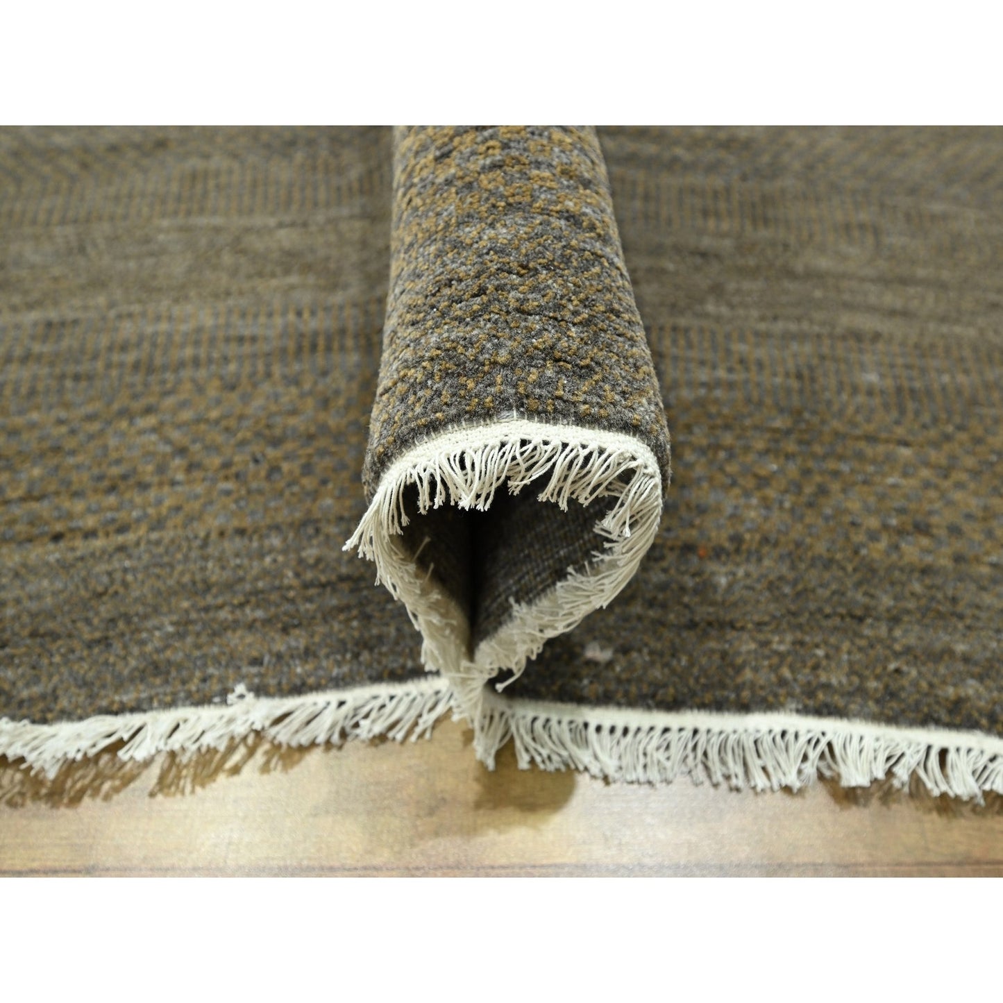 7'10"X10' Honey Brown Modern Grass Design Hand Knotted Wool And Silk Rug