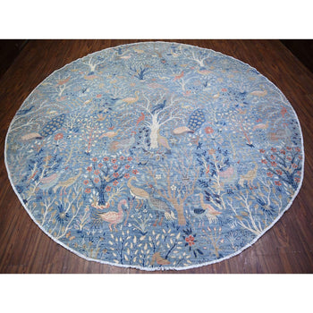 12'X12' Glaucous Blue Hand Knotted Afghan Peshawar Wool Round Rug