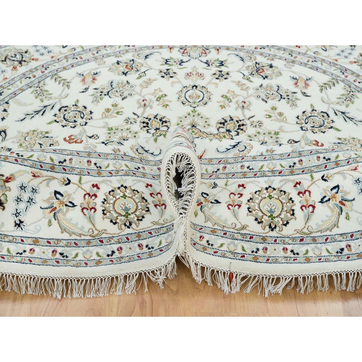 7'10"X7'10" Ivory Wool Hand Knotted Nain Design 250 Kpsi Round Rug