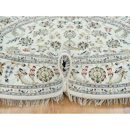 7'10"X7'10" Ivory Wool Hand Knotted Nain Design 250 Kpsi Round Rug