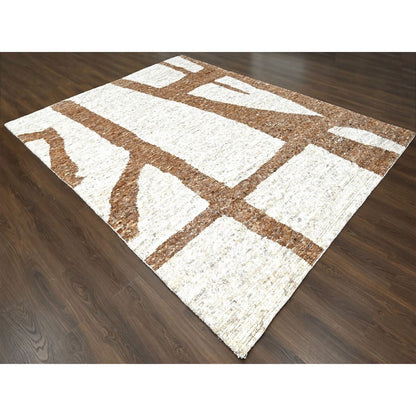 9'2"X11'9" Earth Tone Colors Minimalist Design Wool Hand Knotted Rug