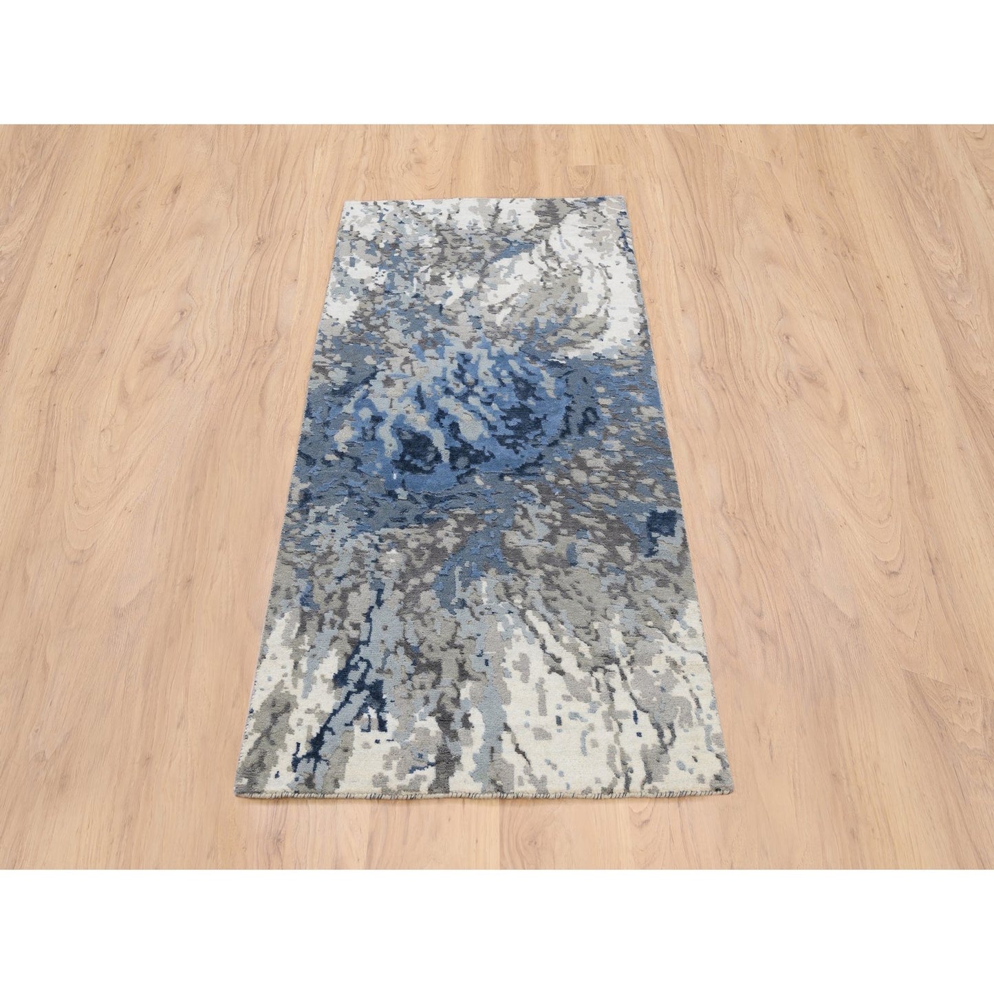 Runner Oriental Rug - 2'6"x6'2" Denim Blue Wool and Art Silk - Hand Knotted