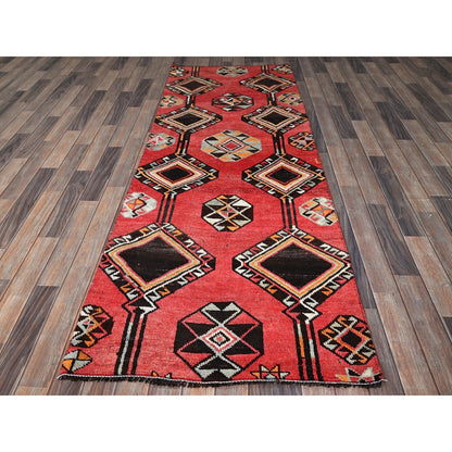 3'1"X8'4" Red Vintage Zoroastrian Sheeraz Pure Wool Hand Knotted Runner Rug
