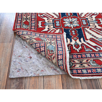 2'9"X9'10" Red Kazak With Tribal Design Soft Wool Hand Knotted Runner Rug