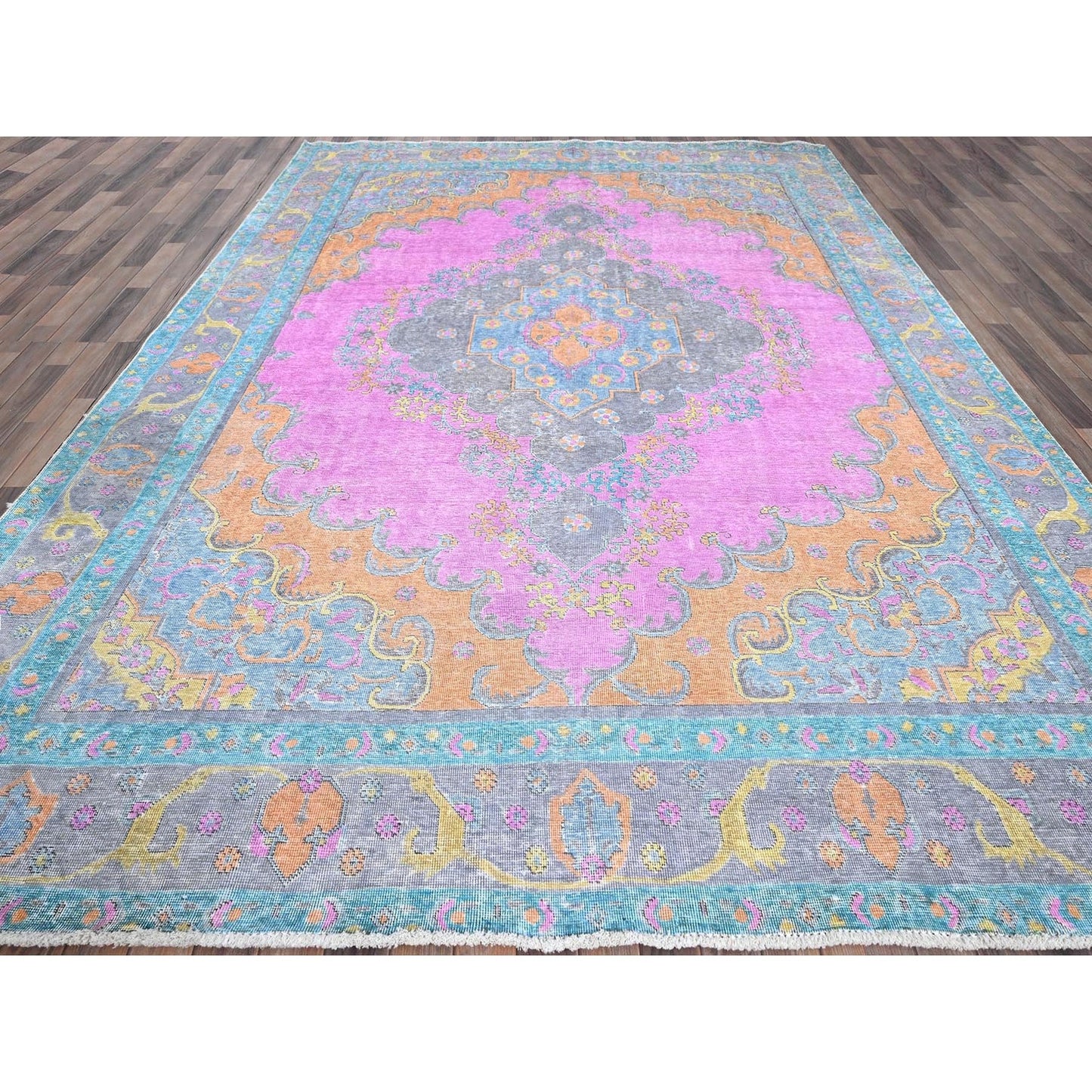 9'2"X12' Pink Painted Vintage Zoroastrian Tebraz Hand Knotted All Wool Rug