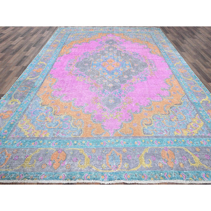 9'2"X12' Pink Painted Vintage Zoroastrian Tebraz Hand Knotted All Wool Rug