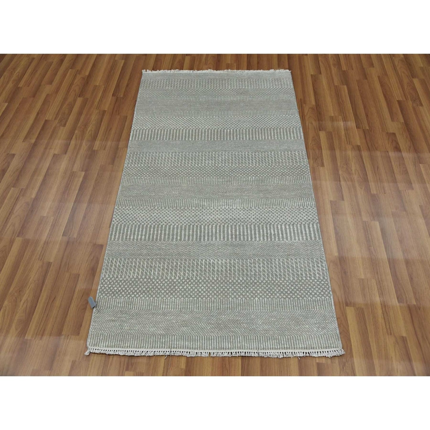3'x5'3" Battleship Gray Grass Design Wool and Silk Hand Knotted Rug