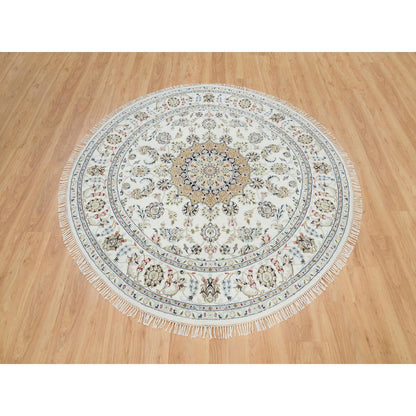6'5"X6'5" White Organic Wool Hand Knotted Nain Design 250 Kpsi Round Rug