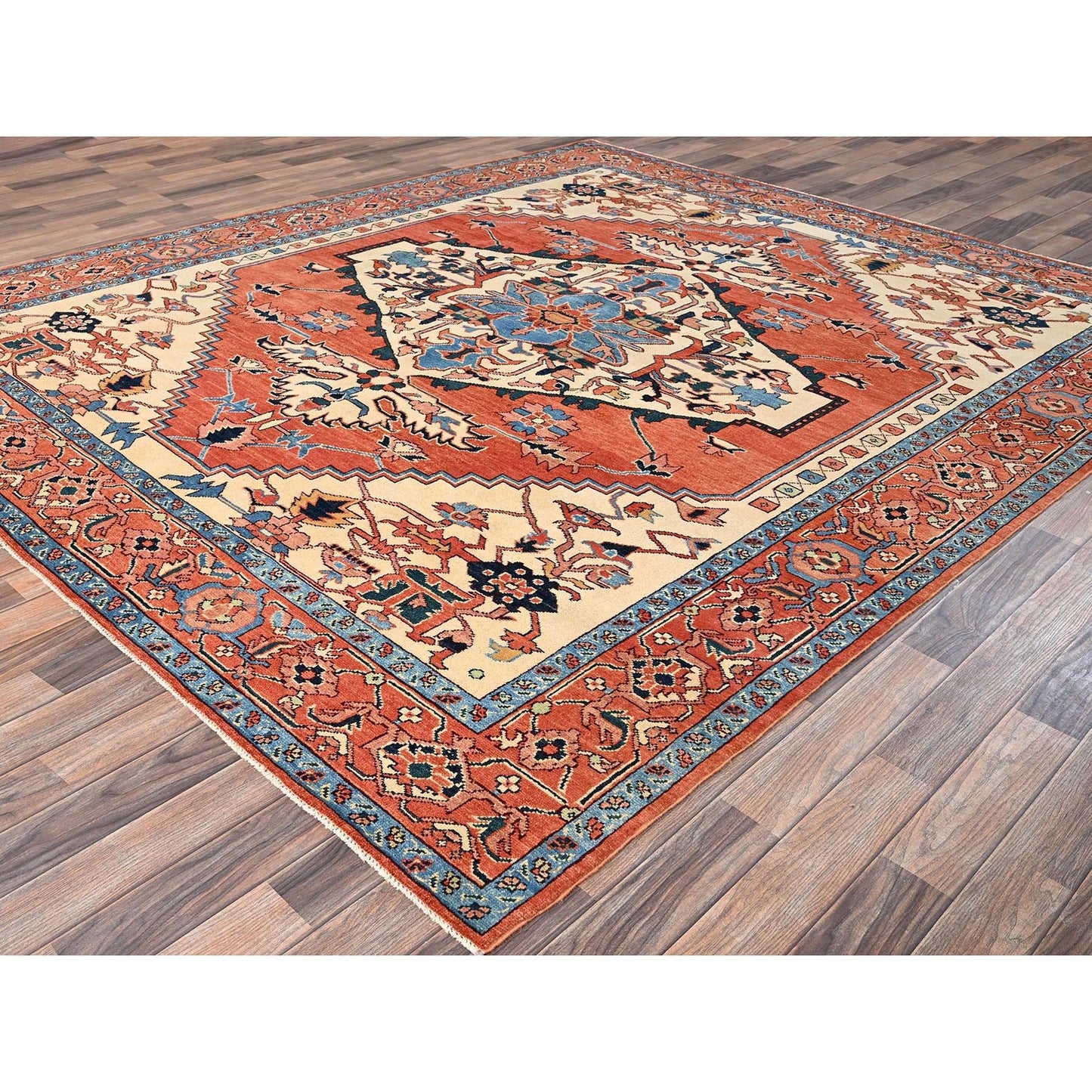 Rug 8'3"x9'10" Orange Peshawar with Serapi Heriz Design Wool Hand Knotted