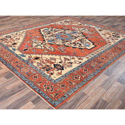Rug 8'3"x9'10" Orange Peshawar with Serapi Heriz Design Wool Hand Knotted