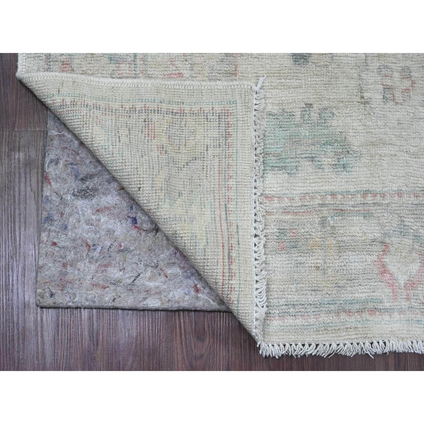 3'10"X10' White Hand Knotted Angora Oushak Leaf Design Wool Runner Rug