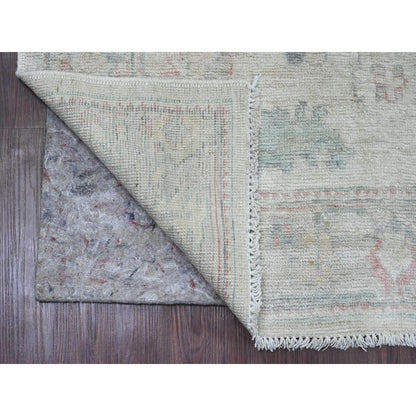 3'10"X10' White Hand Knotted Angora Oushak Leaf Design Wool Runner Rug