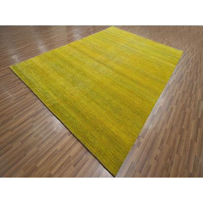 8'10"X12'5" Yellow Modern Grass Design Wool And Silk Hand Knotted Rug