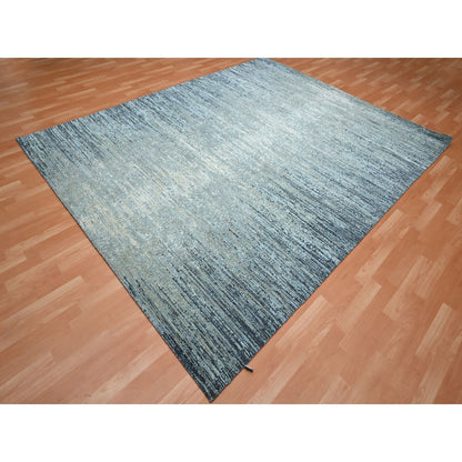 8'X10'1" Blue Horizontal Ombre Design Wool And Pure Silk Hand Knotted Rug