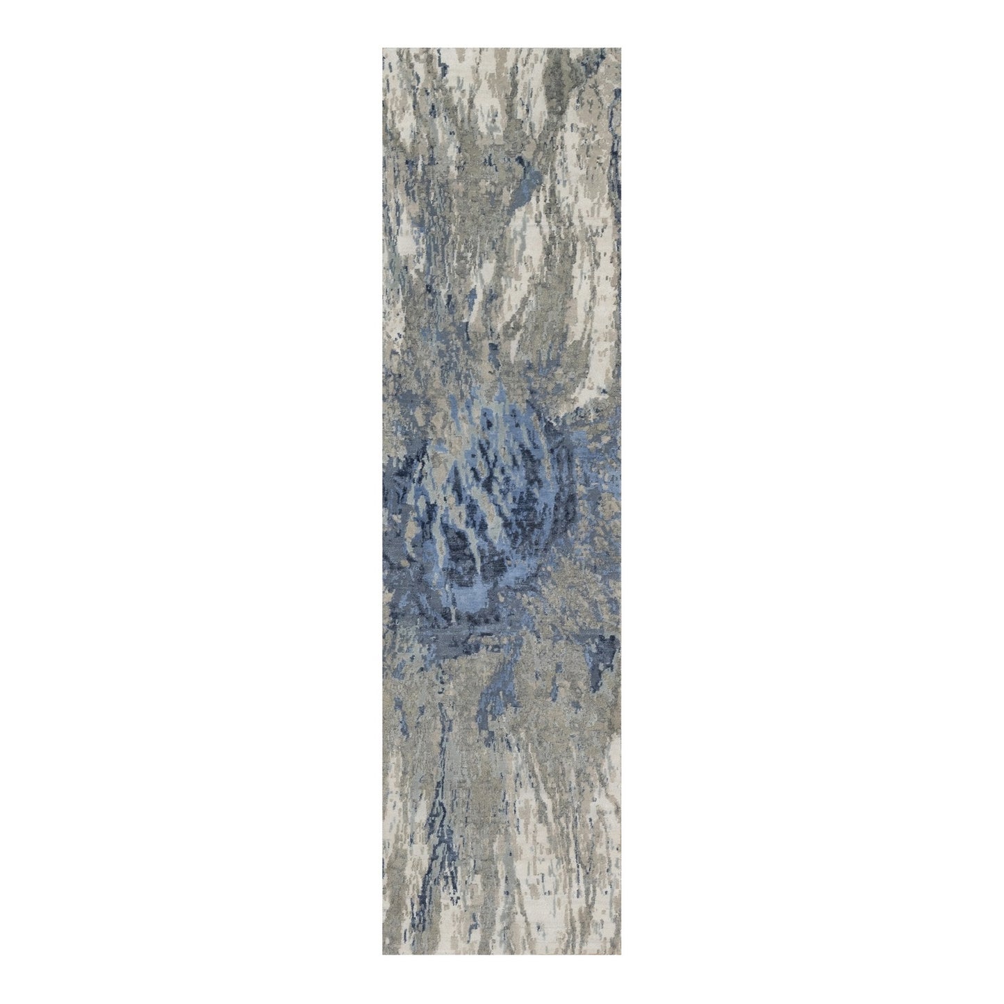 2'7"X10'2" Yale Blue Abstract Design Wool & Silk Hand Knotted Runner Rug