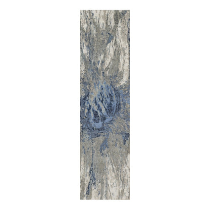 2'7"X10'2" Yale Blue Abstract Design Wool & Silk Hand Knotted Runner Rug