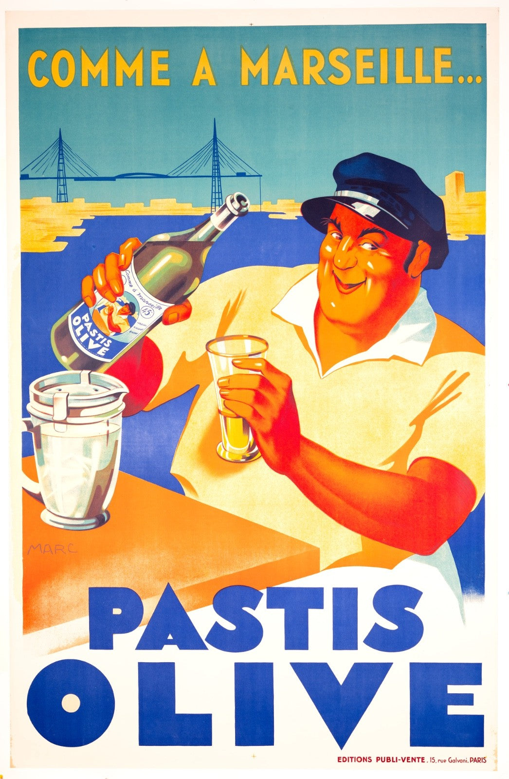Vintage Pastis Olive Poster By Marc, Original 1930 French Lithograph
