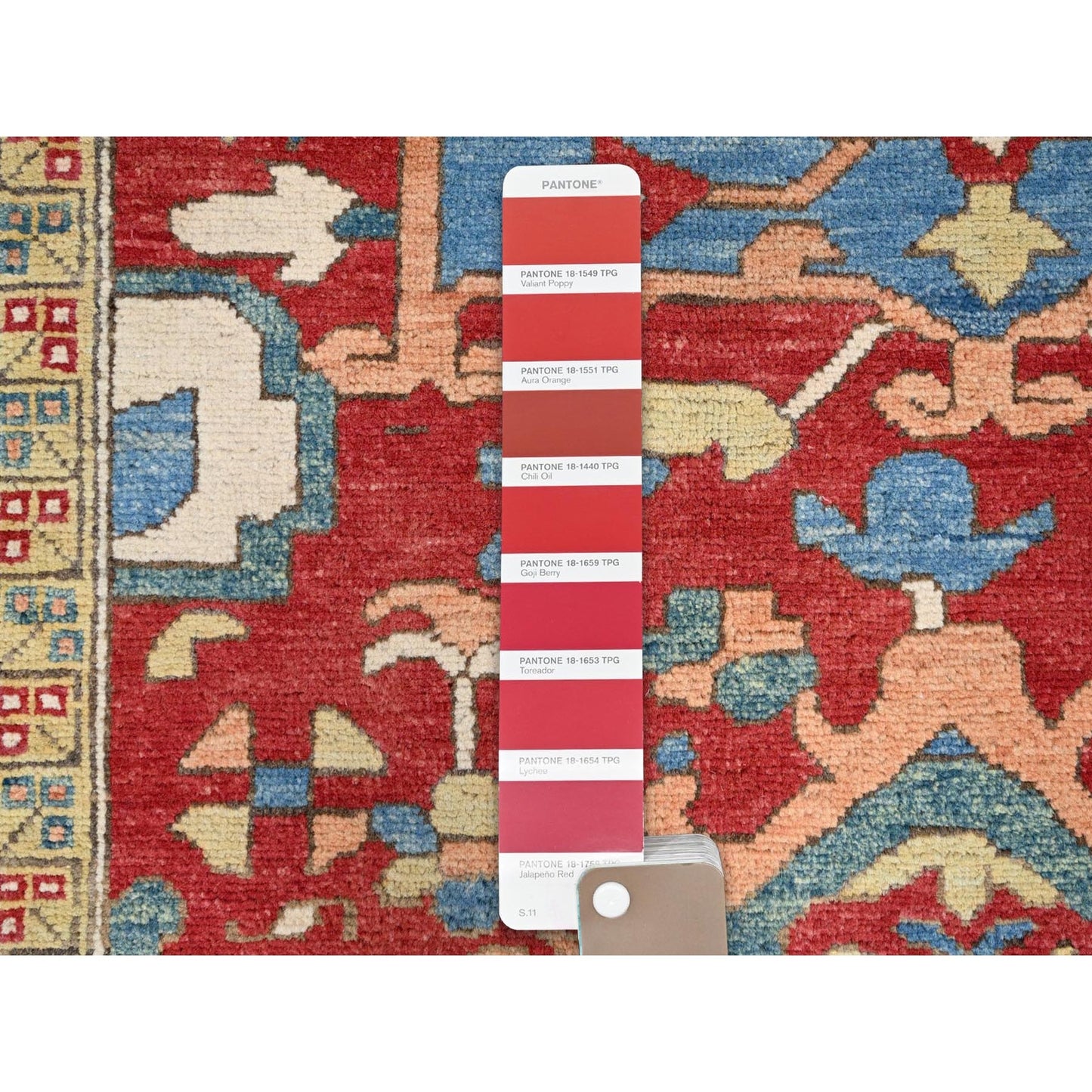 9'10"X13'1" Ruby Red Hand Knotted Wool Seeripe Heris Design Oriental Rug