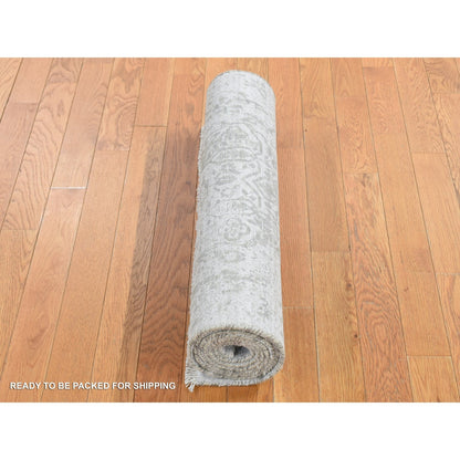 2'7"X8' Gray Zoroastrian Design Wool And Silk Hand Knotted Runner Rug