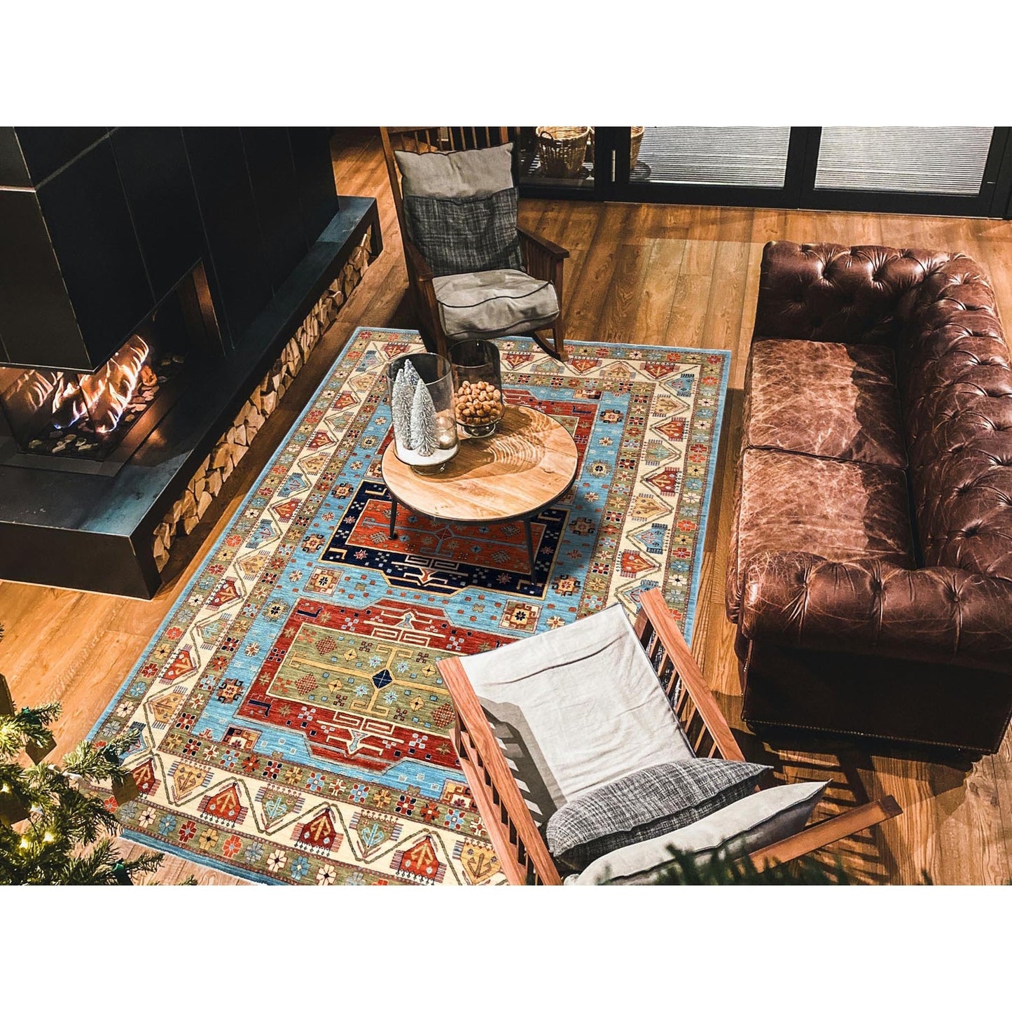 Rug 6'x8'6" Maya Blue Armenian Inspired Caucasian Design Wool Hand Knotted