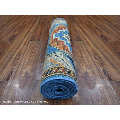 2'5"X11'8" Blue Hand Knotted Afghan Ersari Elephant Feet Wool Runner Rug