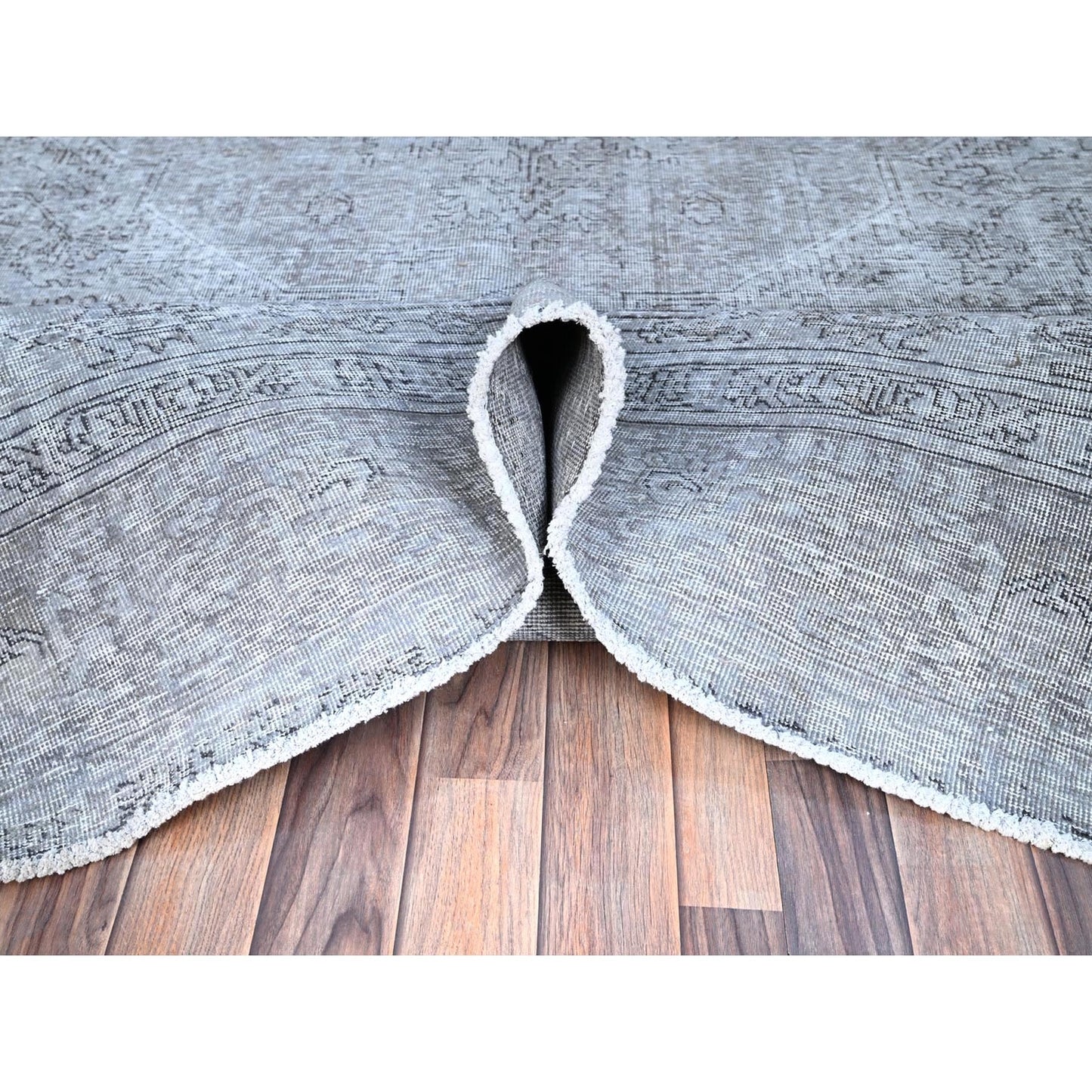 8'10"X12'4" Frost Gray Wool Sheared Low Vintage Hand Knotted Tebraz Rug