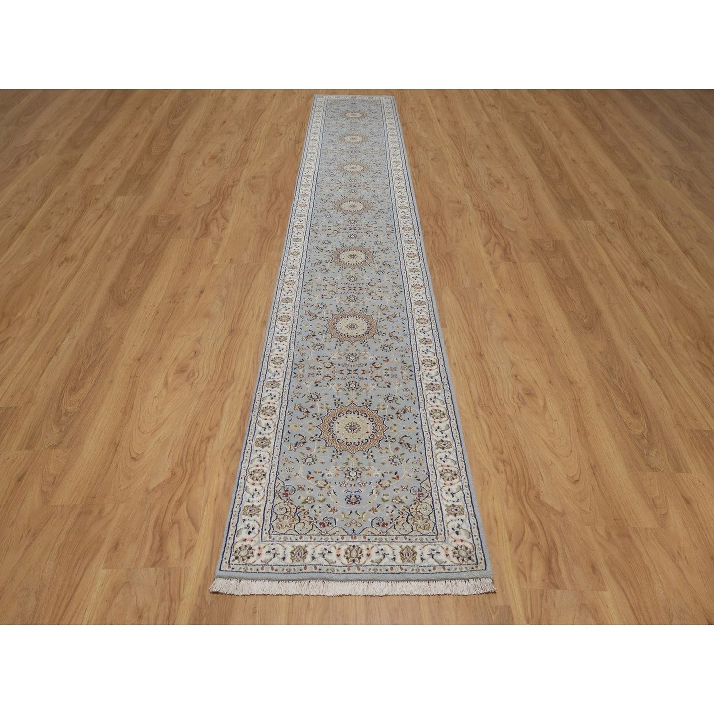 2'7"x16'2" Light Blue Nain 250 KPSI Hand Knotted Wool and Silk Runner Rug