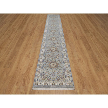 2'7"x16'2" Light Blue Nain 250 KPSI Hand Knotted Wool and Silk Runner Rug