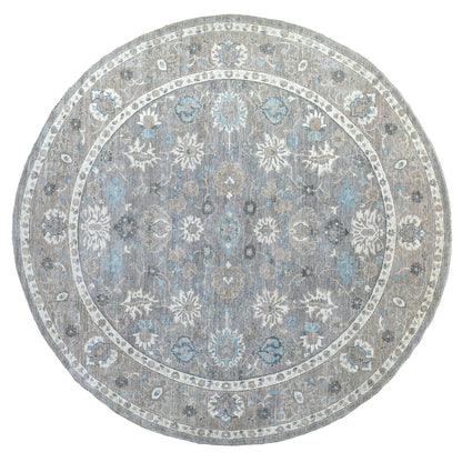 12'X12' Hand Knotted Soft Wool Fine Peshawar Silver Gray Round Rug